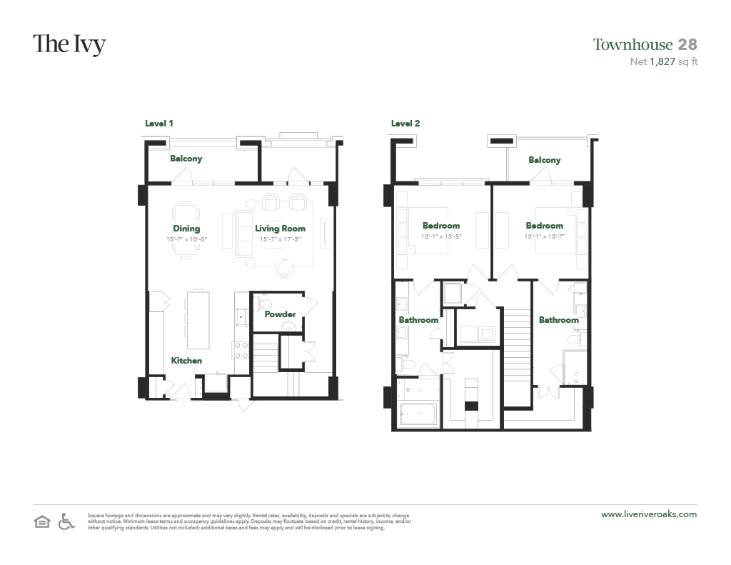 Floor plan for 2 beds, 2.5 baths, 1827 sqft